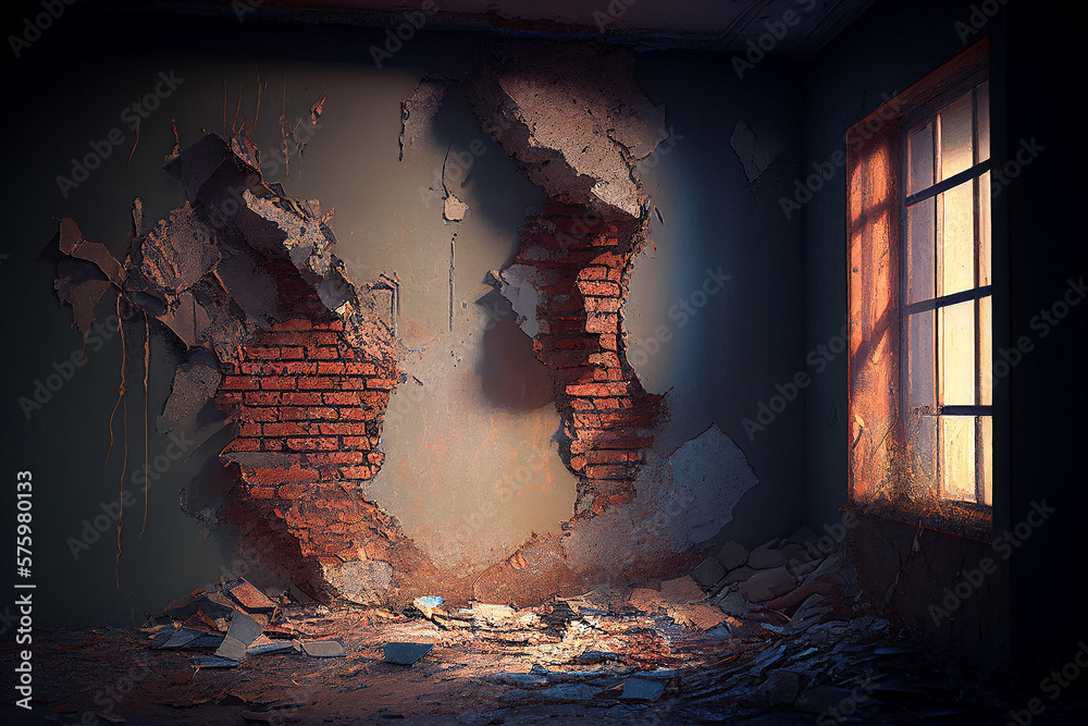 broken gaping hole of old colour dirty crumbling brick room. Uneven ...