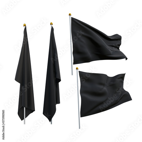  3d rendering of black flag wavin fluttering and no fluttering perspective view