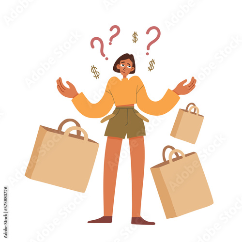 Sad woman with empty pockets surprised where the money is gone. Frustrated young female spent all money on impulse buy. Vector illustration.