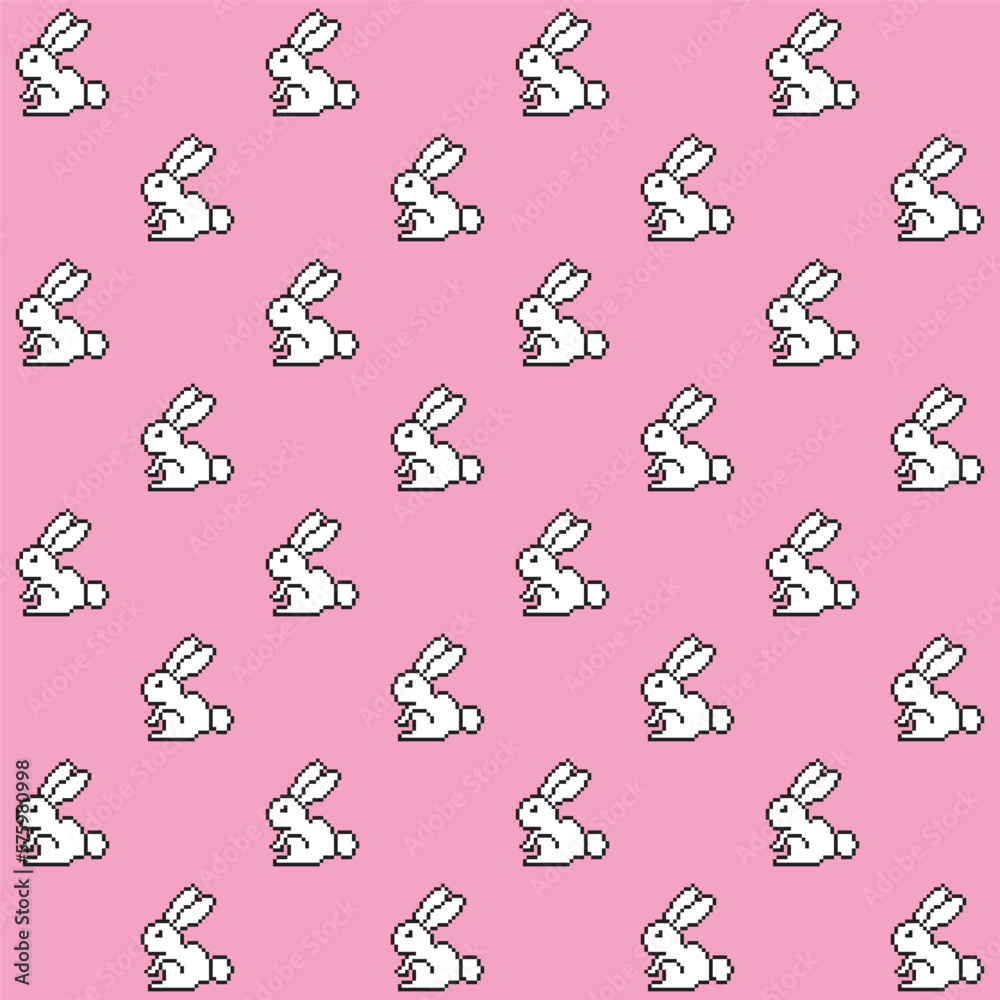 Seamless pattern white rabbit pixel style isolated on pink background
