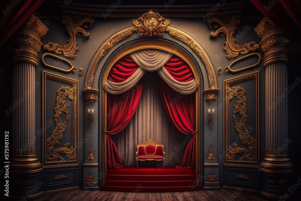 Open red curtains with glitter opera or theater background. Empty scene with a red curtain. Generative AI