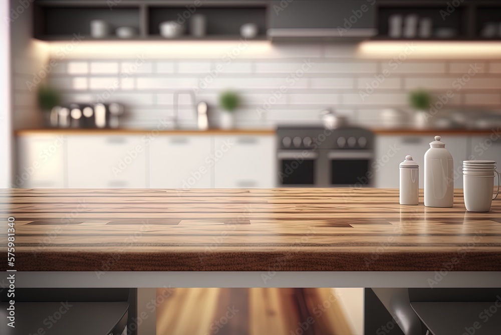 Blurred image of a modern, minimalist kitchen with a wood table top in ...
