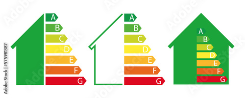 Energy class of house. Certificate of epc. Badge of economy, performance and efficiency of house. Economy consumption of energy. Eco symbol. Classification rating. vector graphic eps10