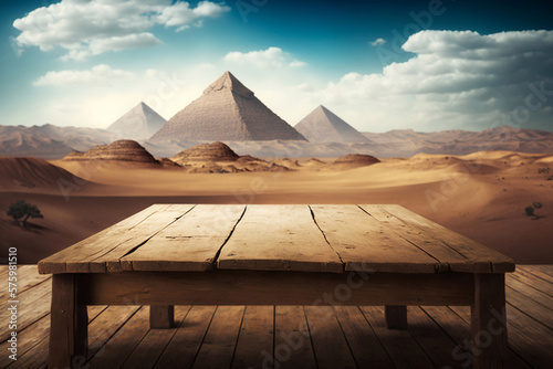 Empty wooden table with landscape of the pyramids of Cheops background. Generative AI