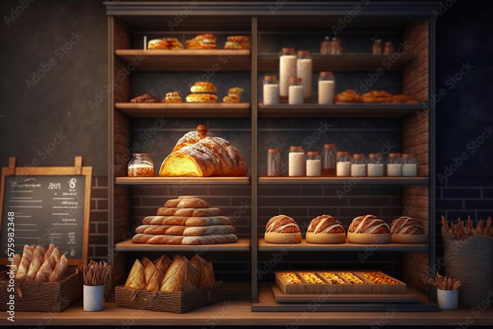 Assorted pastry and bread arranged on tray selling at bakery shop. Generative AI
