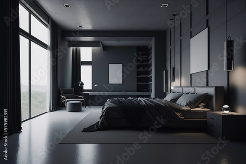 Black modern minimalism interior of stylish master bedroom with wooden floor, comfortable king size bed and large window. Generative AI