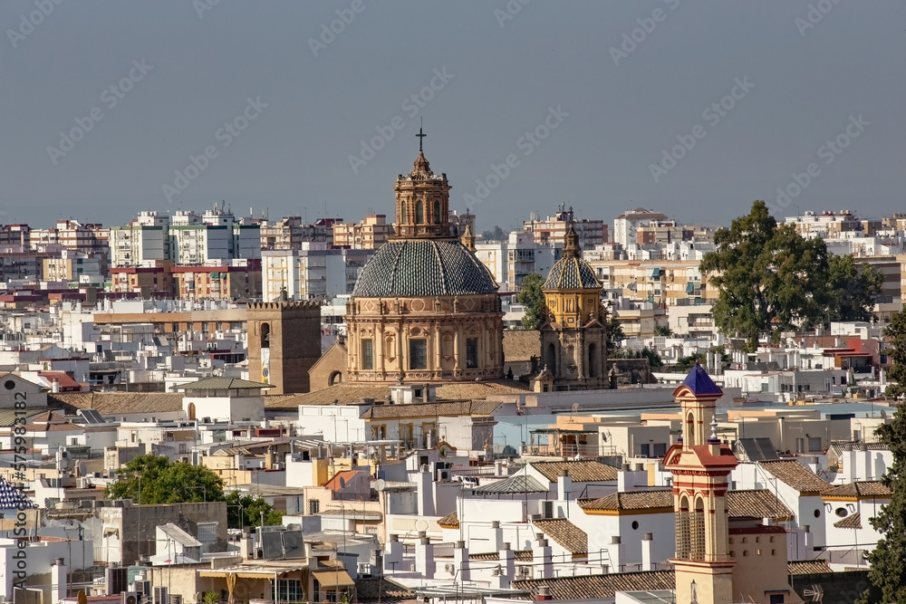 Aerial view of Sevilla from Las Setas De Sevilla (Sevilla Mushrooms) center on sunny day, Andalusia, Spain