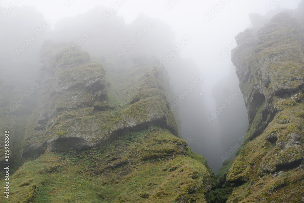 Rocks and fog at Raudfeldsgja Gorge on Snaefellsnes Peninsula in Iceland