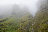 Rocks and fog at Raudfeldsgja Gorge on Snaefellsnes Peninsula in Iceland