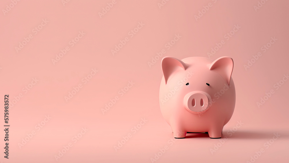 Pink piggy bank on a pink background copy space. Generative AI