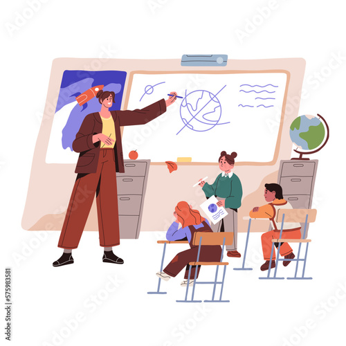 School teacher teaching elementary children in class, explaining at blackboard. Kids learning astronomy, studying science in classroom at desks. Flat vector illustration isolated on white background