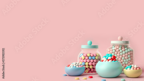 A pink background with jars of candy and a bowl of colorful candies. copy space. Generative AI