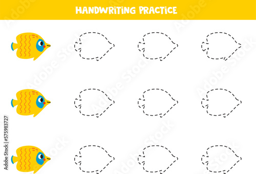 Tracing lines for kids. Cartoon yellow butterfly fish. Writing practice.