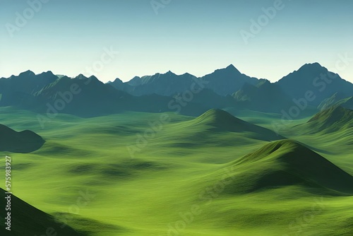 Background of green mountain range landscape illustration. Generative AI