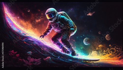 Vivid colorful illustrations of astronauts in space surfing on surfboard waves of galaxies generate ai.