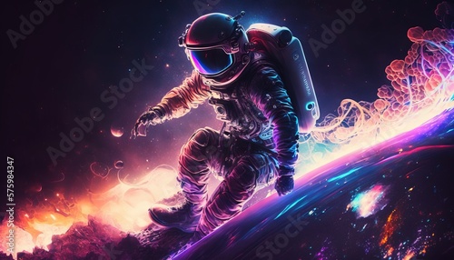 Vivid colorful illustrations of astronauts in space surfing on surfboard waves of galaxies generate ai.