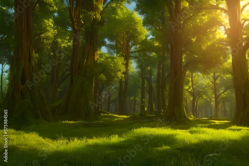 sun rays in the green forest, Abstract Background, digital art, Deep forest