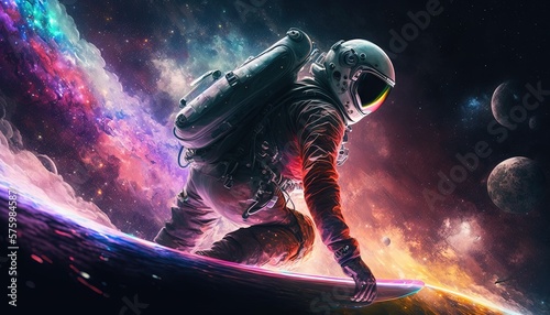 Vivid colorful illustrations of astronaut in space surfing on surfboard waves of galaxies generate ai. © Roman