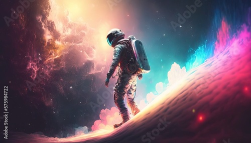 Vivid colorful illustrations of astronaut in space surfing on surfboard waves of galaxies generate ai.