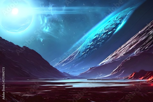Extraterrestrial landscape, scenery of alien planet in deep space. Generative AI