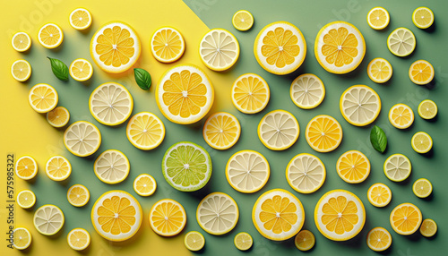 lemon pattern background, Summertime concept, food lover concept, yellow and green background, Generative AI illustration