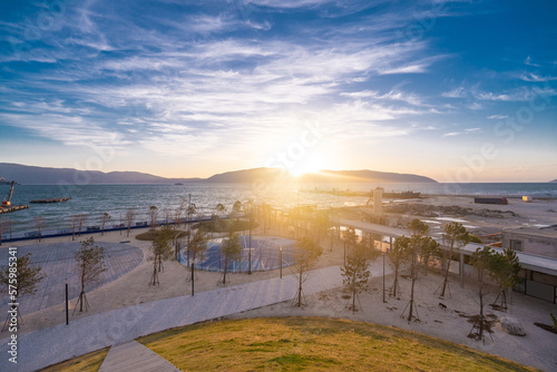 Sunset Over the Sea with Fishing Boat   Beautiful Nature Background from Vlore  Albania