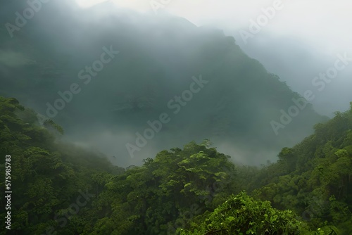 Misty morning in the mountains full of fog over the Jungle/Forest. Generative AI