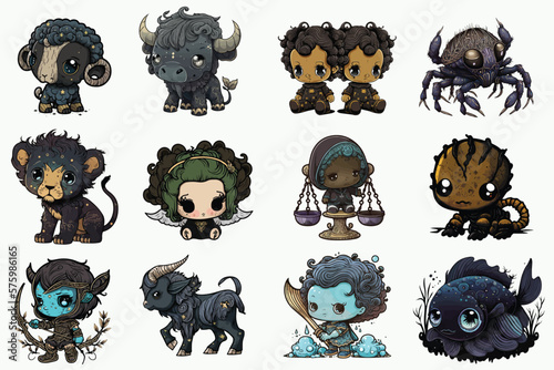 Collection Vector of Dark Fantasy Mystery Twelve Zodiac Year Astrological Signs and Symbol in Cute Cartoon Style on White Background