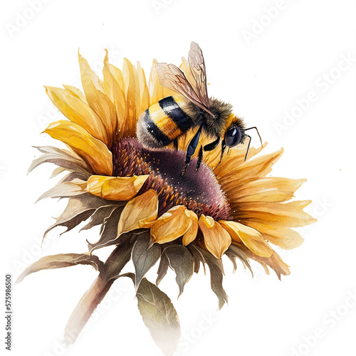 bee on sunflower watercolor  isolated on white background