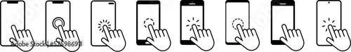 Hand touch screen smartphone vector icons.Hand click.Smartphone simple line icon.Click on the smartphone.Touch screen display.Cursor clicking.