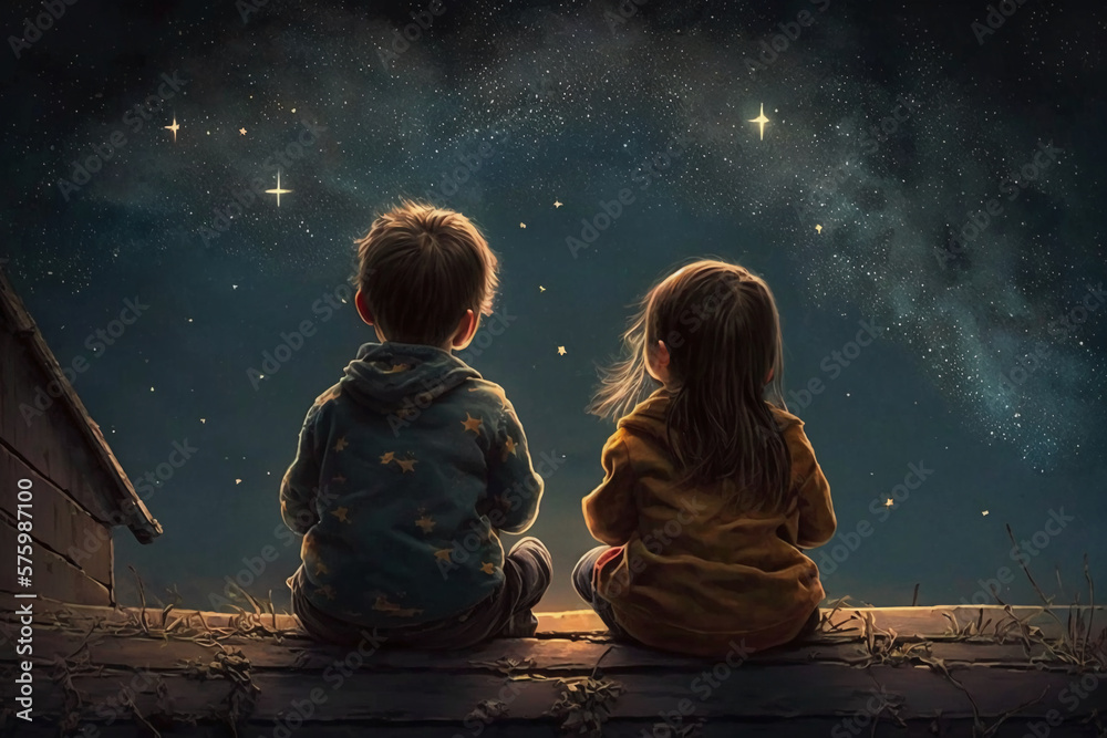 Kids sitting on roof at night little boy and girl Generative AI Stock ...