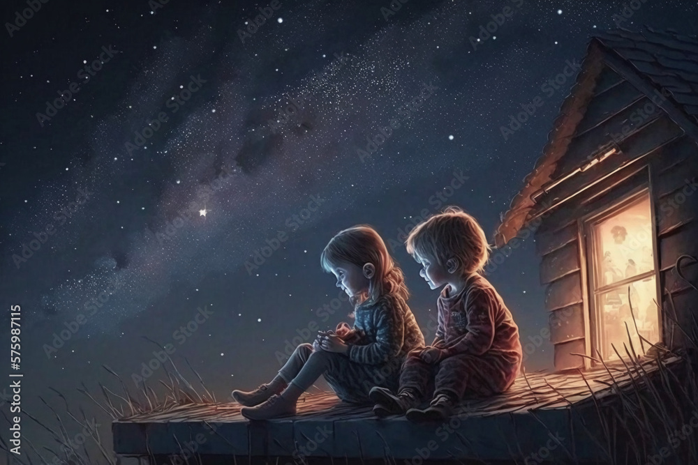 Kids sitting on roof at night little boy and girl Generative AI Stock ...
