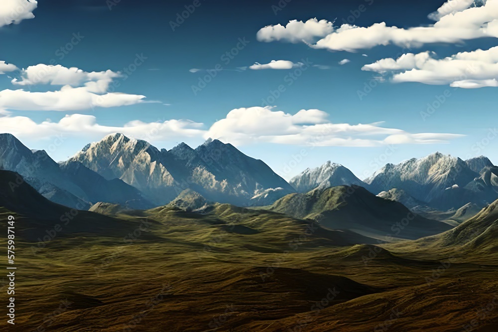 Fototapeta premium Poster template with wild mountains landscape. Design element for banner, flyer, card. Generative AI