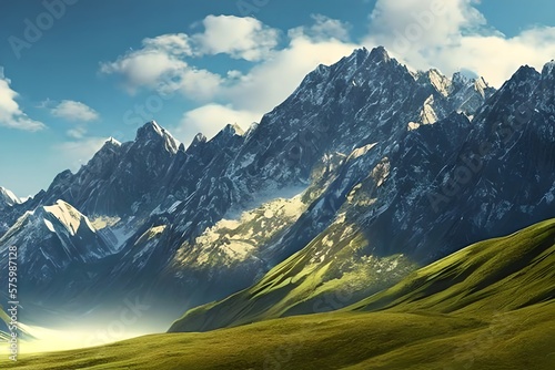 Poster template with wild mountains landscape. Design element for banner, flyer, card. Generative AI