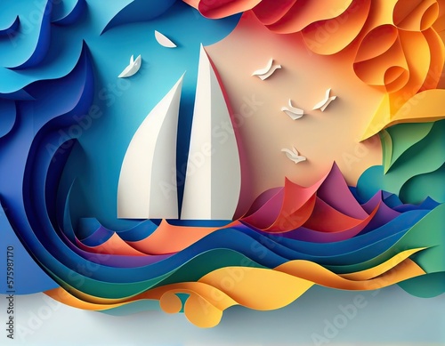 3D paper cut of a sunset seascape with sailing sailboat illustration.