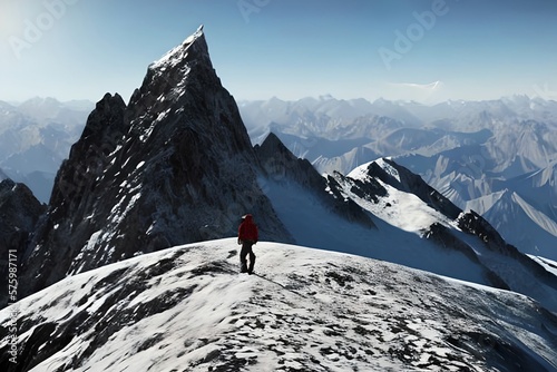 Reaching your goals concept, mountain climber following path to flag on top of mountain. Generative AI