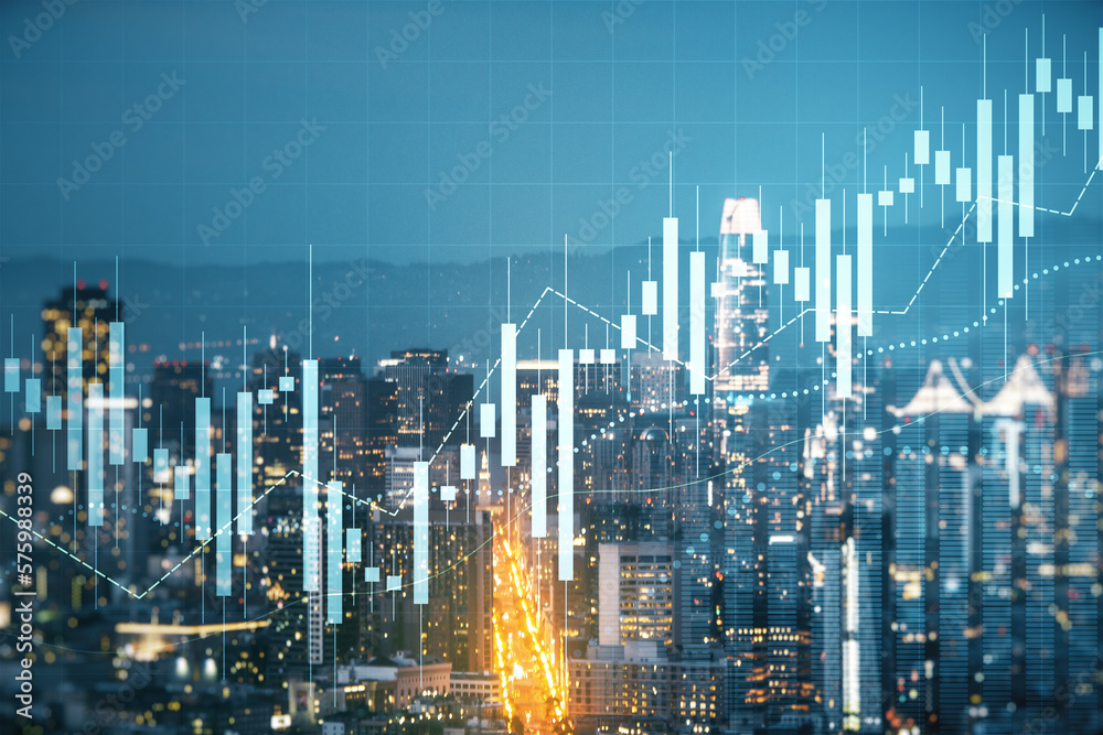 Multi exposure of virtual creative financial chart hologram on San Francisco skyscrapers background, research and analytics concept