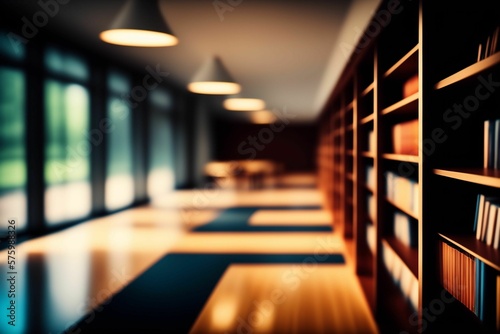 Abstract blurred empty college library interior space. Blurry classroom with bookshelves by defocused effect. use for background or backdrop in book shop business or education. Generative AI