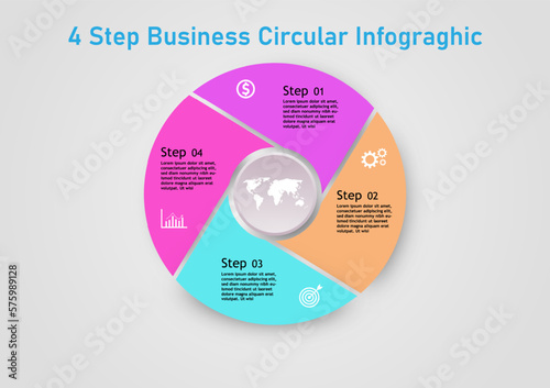 4 steps Multi colored infographic circles There is a map in the center of the circle. and many icons for business planning, finance, information