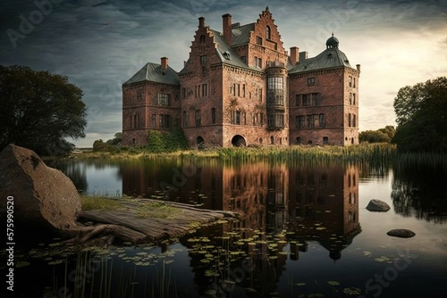 Swedish Visingsoe Island, home to the abandoned Visingsborg Castle in Lake Vaetterm Generative AI photo