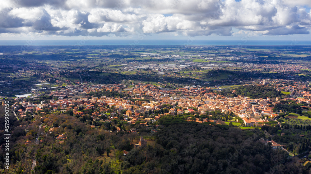 Obraz premium Aerial view of Albano Laziale, a comune in the Metropolitan City of Rome, on the Alban Hills, in Latium, central Italy. Located in the Castelli Romani area of Lazio. It is known simply as Albano.