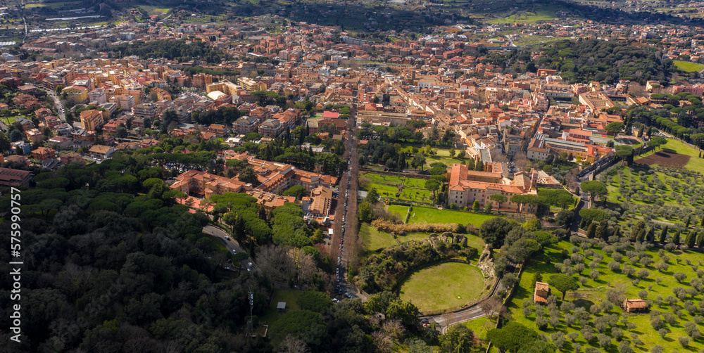 Aerial view of Albano Laziale, a comune in the Metropolitan City of Rome, on the Alban Hills, in Latium, central Italy. Located in the Castelli Romani area of Lazio. It is known simply as Albano.
