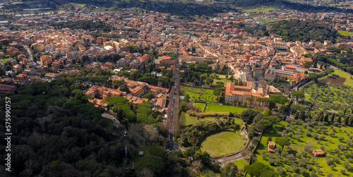 Aerial view of Albano Laziale, a comune in the Metropolitan City of Rome, on the Alban Hills, in Latium, central Italy. Located in the Castelli Romani area of Lazio. It is known simply as Albano. © Stefano Tammaro