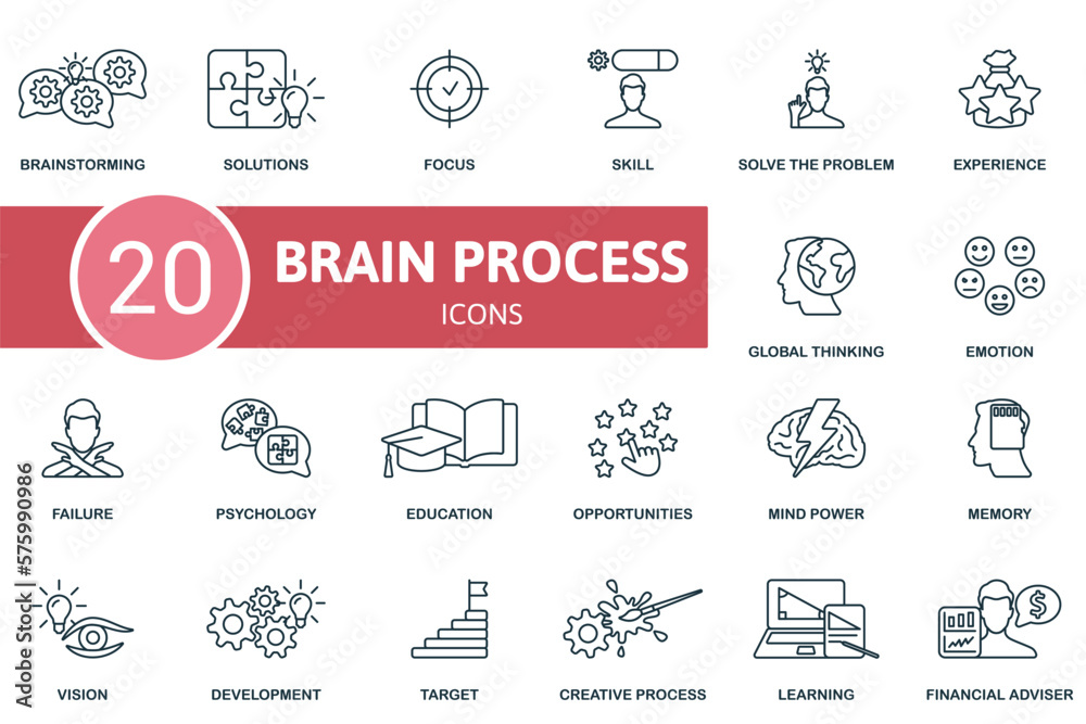 Brain Process icon outline set. Line Brain Process icon collection. Brainstorming, Solutions, Focus, Skill, Solve The Problem, Development, Target, Creative Process, Learning, Financial Adviser icon