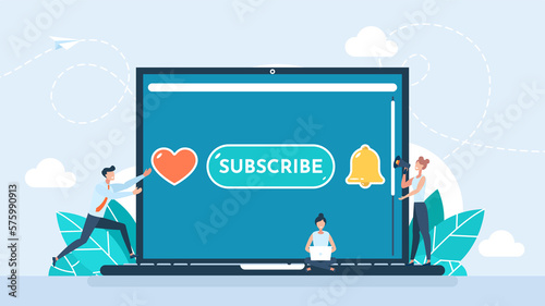 Tiny people subscribe to the channel. Set icon button like, subscribe, bell notification. Subscribe set button for social media. Buttons for app. Notification icons. Flat style. Illustration.