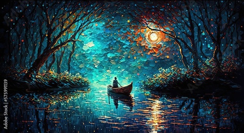Print op canvas paint like illustration of a paddle row boat at night river, Generative Ai