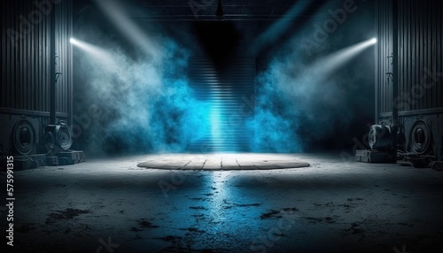 blue, spotlights shine on stage floor in dark room, idea for background, backdrop Generative Ai 