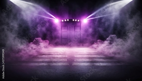 purple, spotlights shine on stage floor in dark room, idea for background, backdrop Generative Ai 
