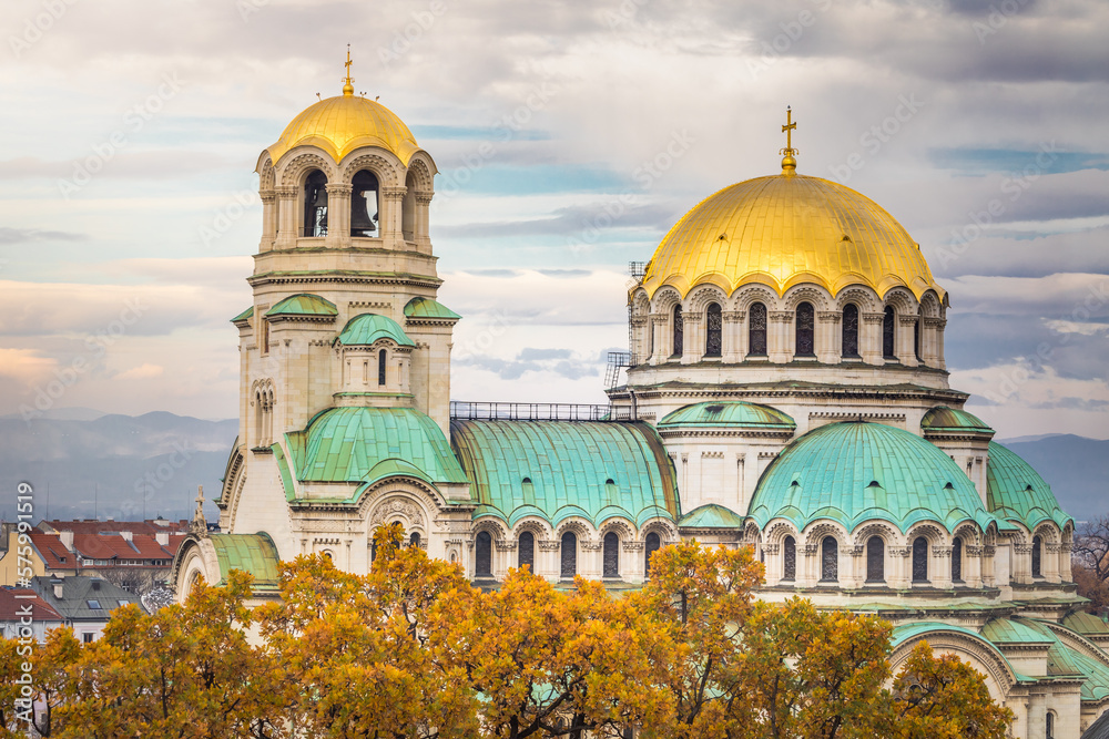 Alexander Nevski cathedral square in Sofia at dramatic autumn sunset, Bulgaria