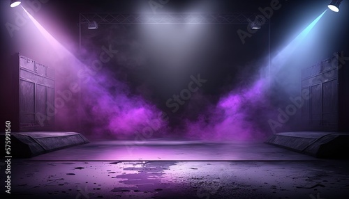 purple, spotlights shine on stage floor in dark room, idea for background, backdrop Generative Ai 